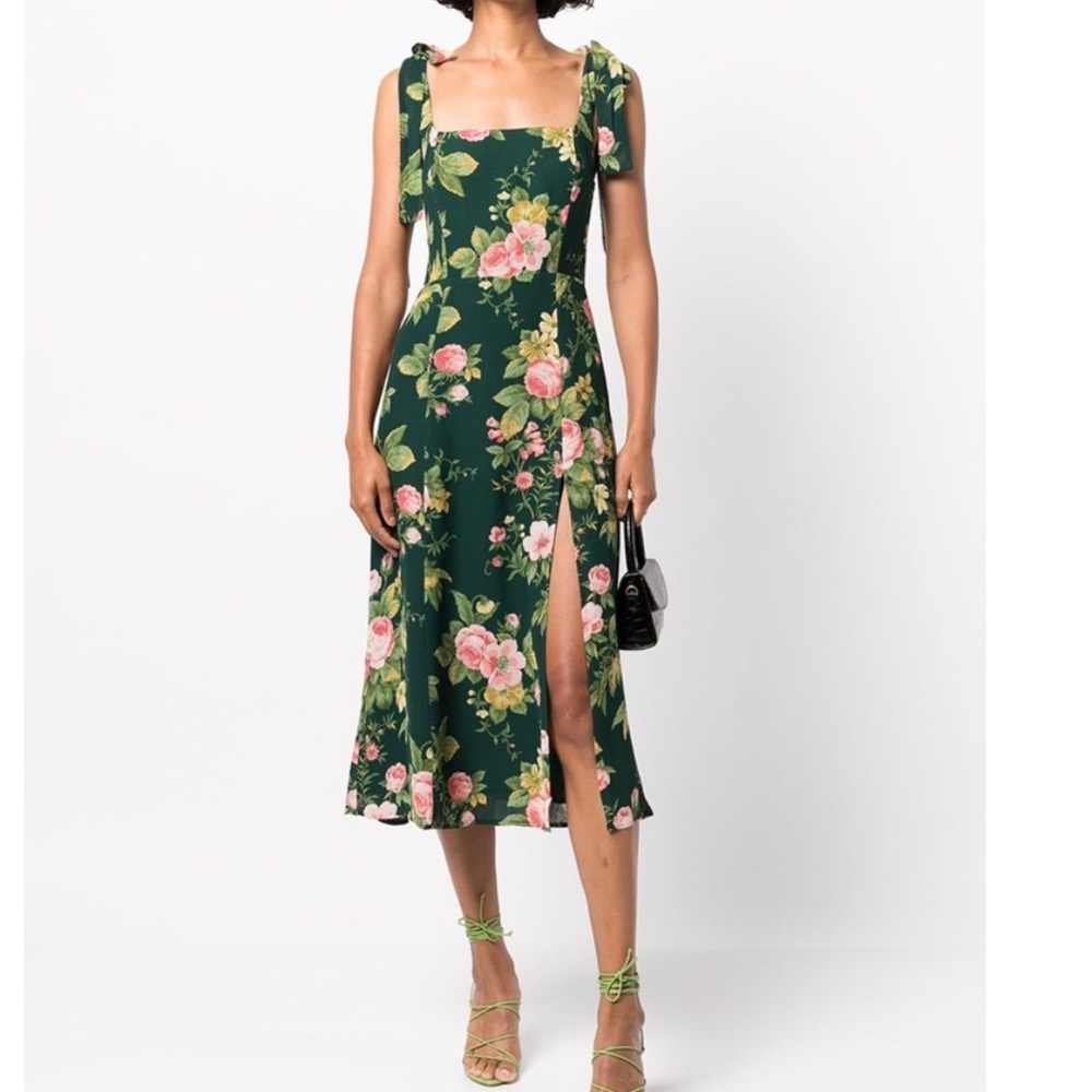 Reformation Green One Shoulder Slit Dress